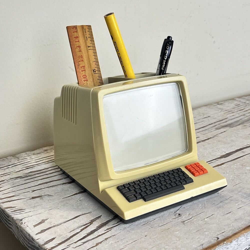 Vintage Desktop Computer Pencil Picture And Business Card Holder Retro Office